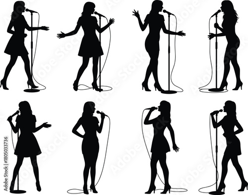 Silhouettes of female singers performing with microphones, music concert vocalist poses for stage performance, karaoke, entertainment and event design