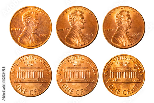 Isolated photo of 1 Lincoln memorial cent USA 2007 P, D and S coins on white background.