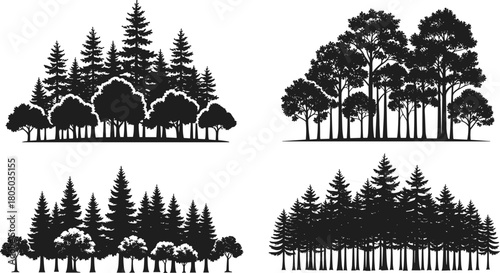 Silhouettes of forest tree landscapes, pine and deciduous woodland scenery collection, natural wilderness illustration for nature conservation, outdoor adventure design