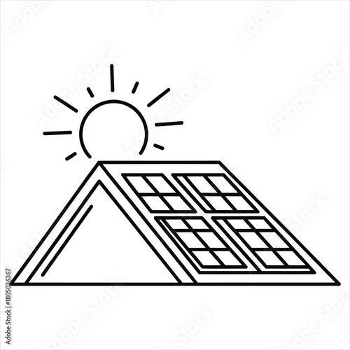 Simple outline drawing of a solar panel under the sun line art vector