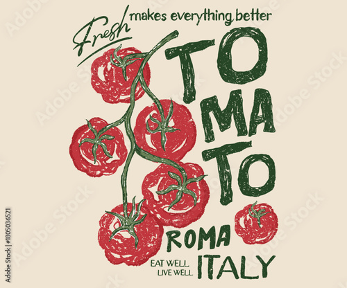 Tomato vegetable artwork for t shirt print, poster, sticker and other uses. Vegetable love club. Organic vegetable farm.