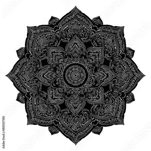 Detailed black and white mandala illustration isolated on transparent background, showcasing intricate symmetrical patterns