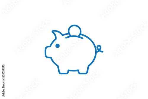 Blue Outline Piggy Bank Icon with Coin Symbolizing Savings and Financial Planning Future