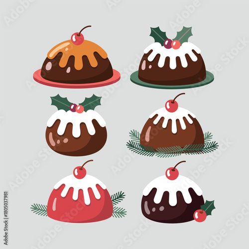 Six Christmas Pudding Illustrations with Cherries and Holly