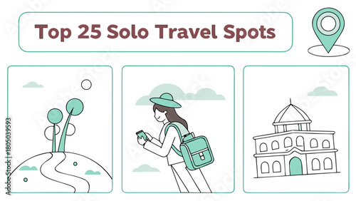 “Top 25 solo travel spots in minimalist layout, aspirational vector”