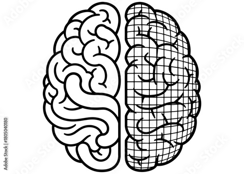  Artificial Intelligence concept. Split brain icon representing human mind versus digital technology. Black and white vector line art.