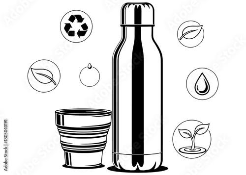  Reusable stainless steel water bottle and collapsible cup. Zero waste concept vector line art illustration with eco icons for sustainability.