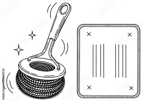 Metal scouring pad with handle and reusable sponge. Zero waste kitchen cleaning tools. Eco-friendly washing accessories vector line art illustration.