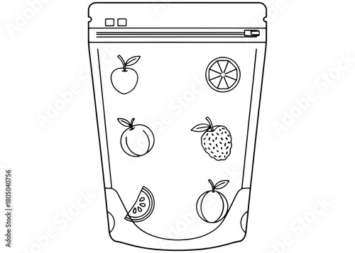  Reusable silicone food storage bag with fruit icons. Eco-friendly ziplock container. Zero waste kitchen vector line art illustration.