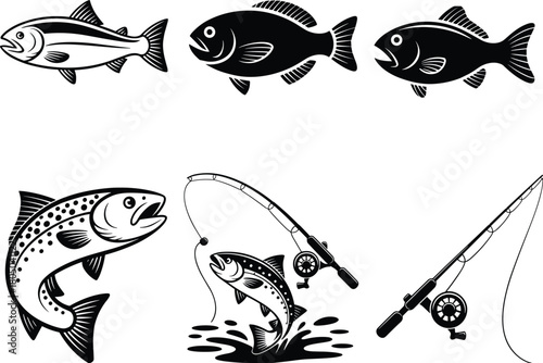 Fishing themed vector illustration set, stylized fish drawings, fishing rods and trout graphics, black and white outdoor angling artwork collection