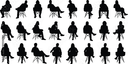 Silhouettes of people sitting on chairs, diverse seated poses collection for business, interview, waiting room, office and lifestyle design