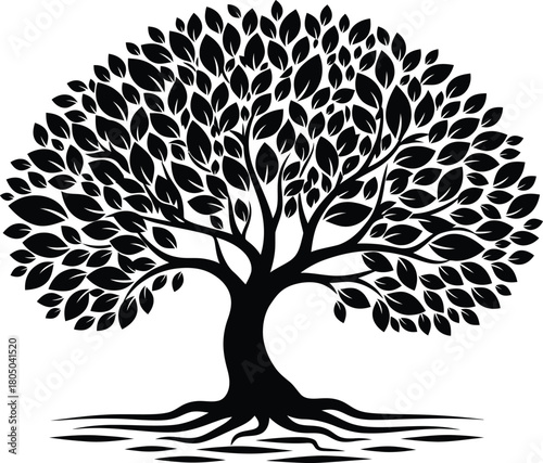 Stylized silhouette of a lush tree with visible roots and a full canopy of leaves.