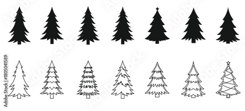 Collection of diverse black silhouette and outline Christmas trees for festive design and winter decoration.