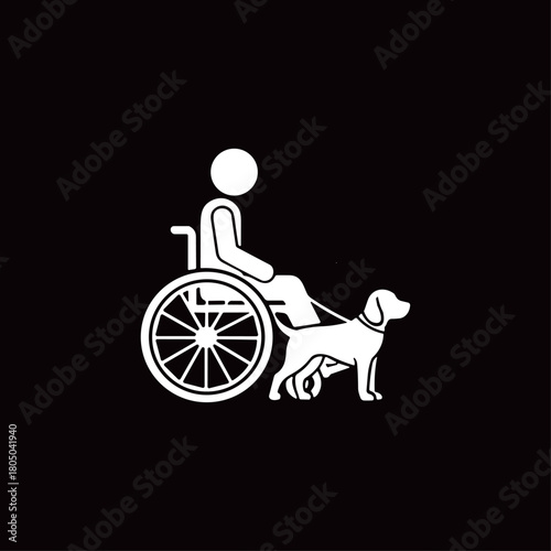 Handicapped, Pictogram figure, Man in wheelchair with dog icon logo flat vector design