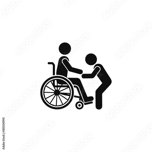 Helping a man in wheelchair, Pictogram figure icon logo flat vector design
