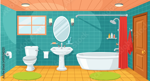 Teal Tiles, Golden Floor Bathroom, Modern washroom, Bathtub icon logo flat vector design