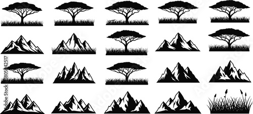 Silhouettes of savannah trees and mountain landscapes with wild grass, nature scenery collection for outdoor adventure, travel, wildlife and eco design