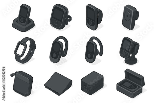 Vector accessories keychain icon case cover box earpiece desk battery ai translator