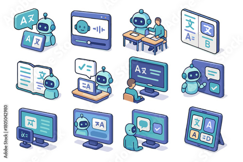 Isometric ai bilingual smart vector expander game language translator assistant tutor icon