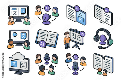 Collaborative team meeting ai vector translator groups translation project synced icon channel