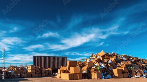 Pile of discarded cardboard boxes at a recycling center under a clear blue sky with scattered clouds