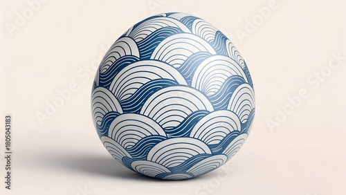  Egg wrapped in Japanese wave pattern, indigo & white ink lines, elegant minimalistic design, smooth lighting