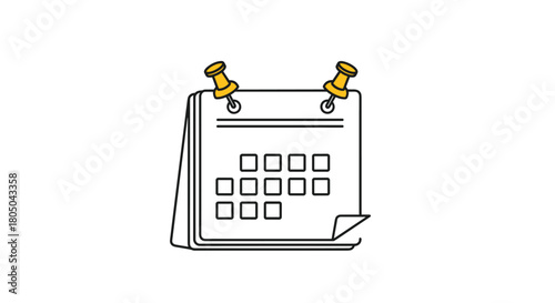 Minimalist line art illustration of a generic calendar page with two golden pushpins, symbolizing important dates or reminders.