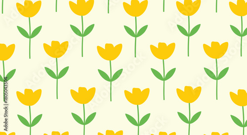 Seamless pattern of simple stylized yellow tulip flowers with green stems and leaves on a soft light yellow background, evoking spring.
