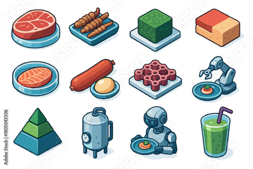 Chef icons algae futuristic fish egg pyramid icon protein robotic vector meat