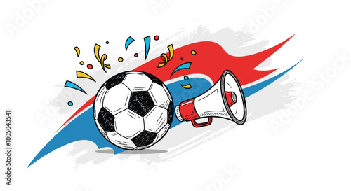 Hand-drawn style football with a megaphone and celebratory confetti, set against a dynamic red and blue abstract background, signifying sports event.