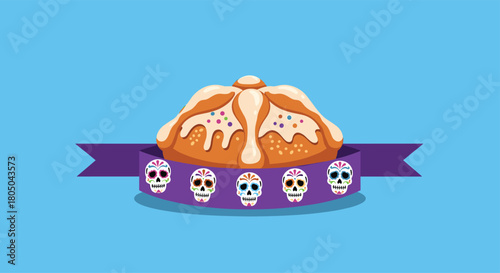 Traditional Pan de Muerto (bread of the dead) adorned with icing and sprinkles, resting on a purple ribbon with sugar skulls, for Day of the Dead.