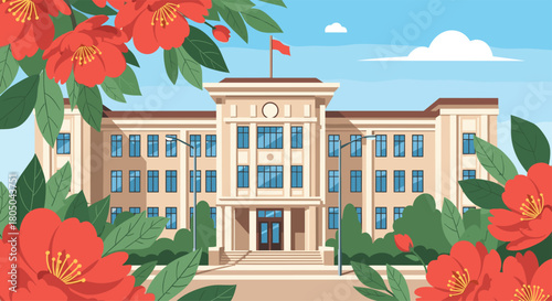 Grand traditional school building framed by lush red flowers and vibrant green foliage, under a bright blue sky, creating a welcoming educational environment.