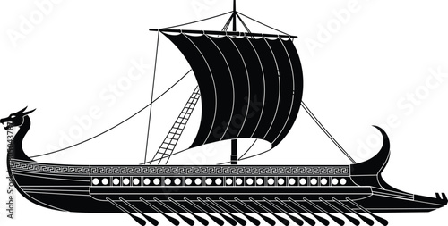 Ancient Greek trireme ship silhouette, historical warship galley vector illustration with oars and sail, isolated design.