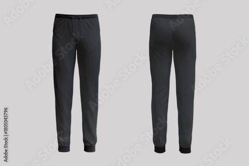 Black Sweatpants Mockup, Unisex Joggers, 3D Rendering, Isolated on Background.Front and back view black sweatpants.