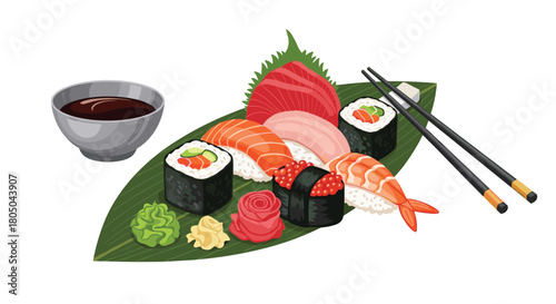 Delicious sushi and sashimi platter elegantly arranged on a banana leaf, served with soy sauce, wasabi, and pickled ginger for an authentic Japanese meal.