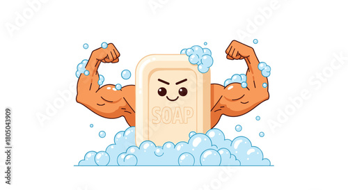 Cartoon soap bar with a happy face and strong muscular arms, surrounded by foamy bubbles, symbolizing powerful cleaning and hygiene.