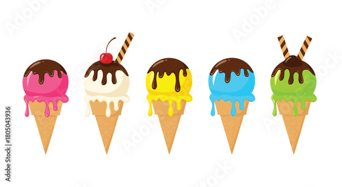 Delicious collection of five vibrant ice cream cones with colorful scoops and rich chocolate topping, perfect for a summer treat.
