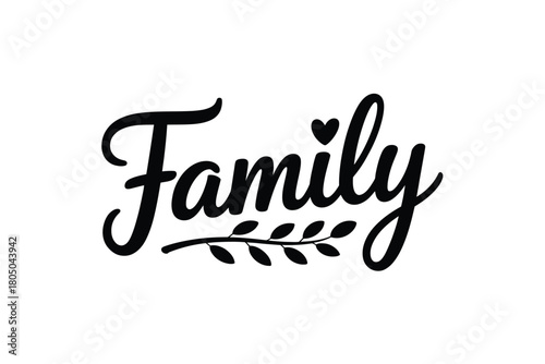 The word 'Family' is depicted in a stylish, cursive font with a small heart and a sprig of leaves.