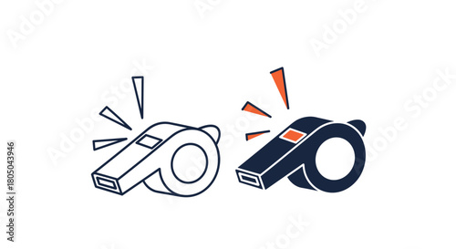Two distinct styles of a whistle icon, one in outline and one solid, with sound indicators, symbolizing sports, referee, or attention.