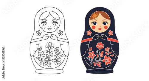 Beautiful Matryoshka doll, a traditional Russian nesting doll, presented in both black and white outline and full color with floral patterns.