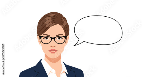 Professional cartoon businesswoman with elegant short brown hair and stylish glasses, looking forward with an empty speech bubble for text.