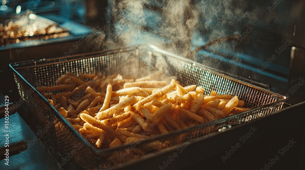 Fototapeta premium Cooking French fries in a deep fryer, crispy French fries,