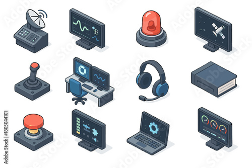 Mission power control space terminal console software headset icon vector emergency