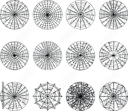 Create kinds of Different isolated spider web vector icon round design grid net pattern black white background decoration halloween circular arachnid horror creepy thread mesh trap scary symbol tattoo