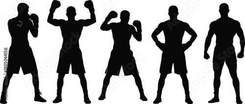 Boxer silhouette set, male fighter poses, boxing champion, strong athlete vector collection, sport training, isolated.