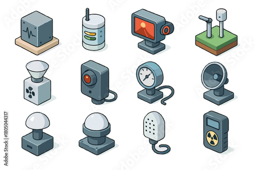 Camera particle seismic analyzer icons acoustic volcanic ground icon detector vector sensor