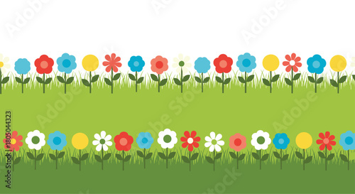 Two delightful horizontal seamless borders featuring colorful stylized flowers and vibrant green grass, perfect for spring and garden themes.