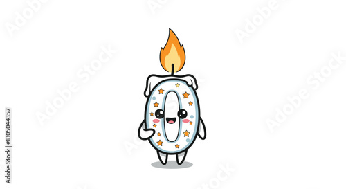 Adorable cartoon birthday candle shaped like the number zero, adorned with stars and a cheerful face, happily burning with a bright flame.