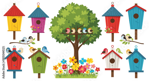 Expansive collection of colorful birdhouses in diverse styles, surrounded by cheerful birds, vibrant flowers, and a lush green tree.