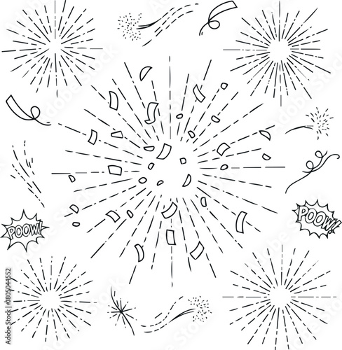 Line icon ray, confetti element set. Starburst line art with hand drawn glitter spark, pop icon shapes and surprise emphasis elements. Decorative sketch style for a sunshine ray vector illustration on